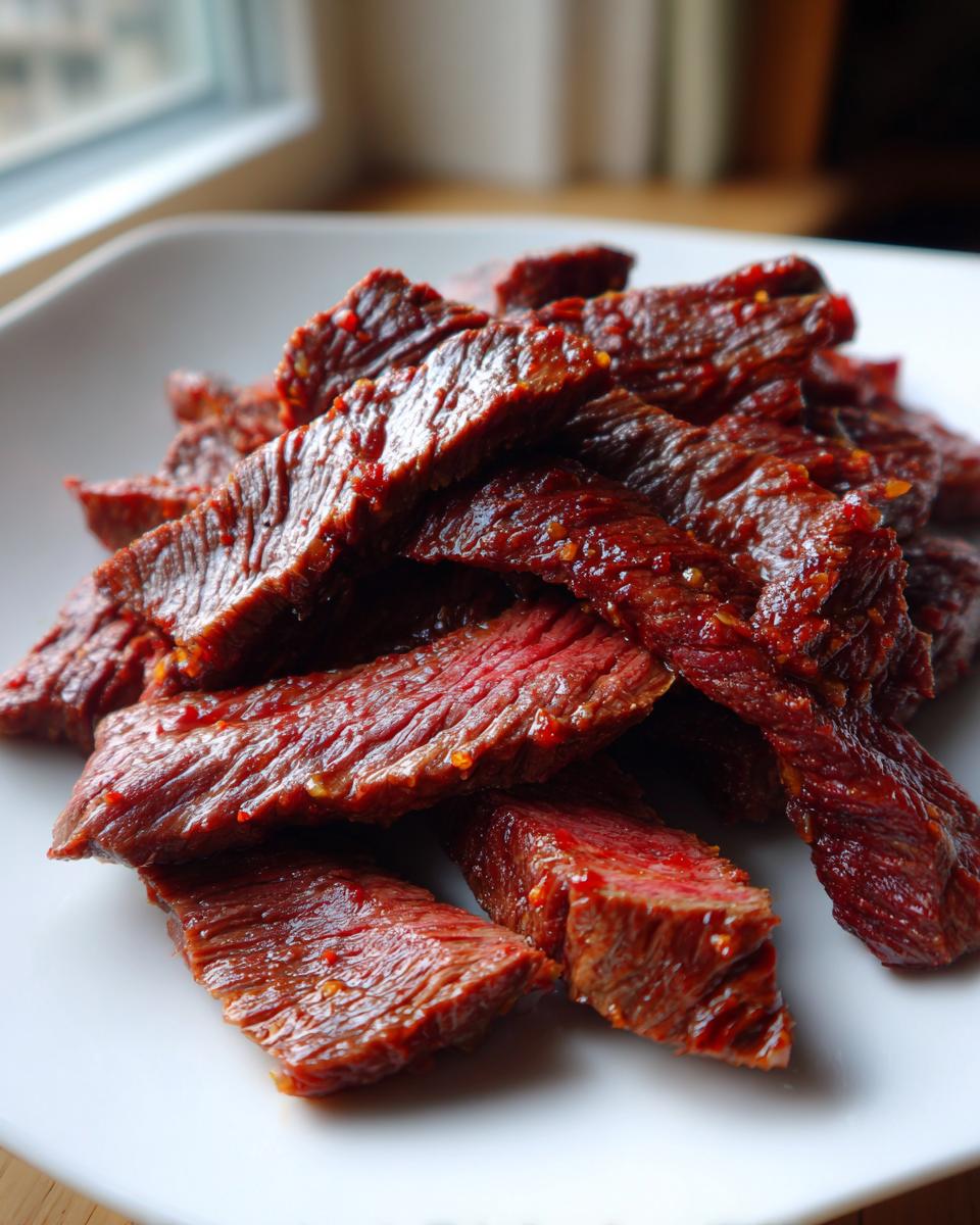 Close-up of thinly sliced, red, marinated steak pieces, ready for fajitas, coated in a spicy fajita marinade.