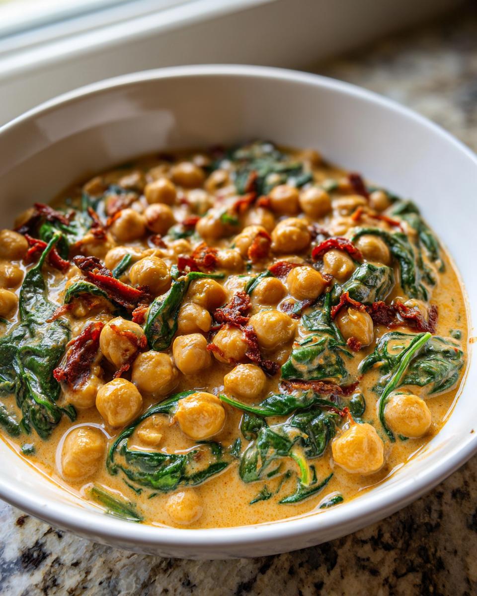 Close-up of a white bowl filled with creamy Marry Me Chickpeas, spinach, and sun-dried tomatoes.