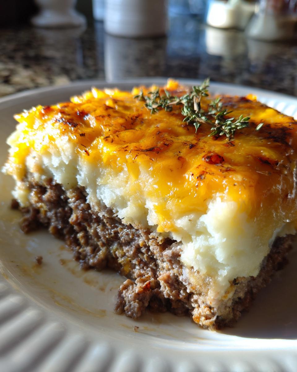 A close-up slice of meatloaf casserole featuring a thick layer of seasoned ground meat topped with mashed potatoes and melted cheddar cheese, garnished with thyme.