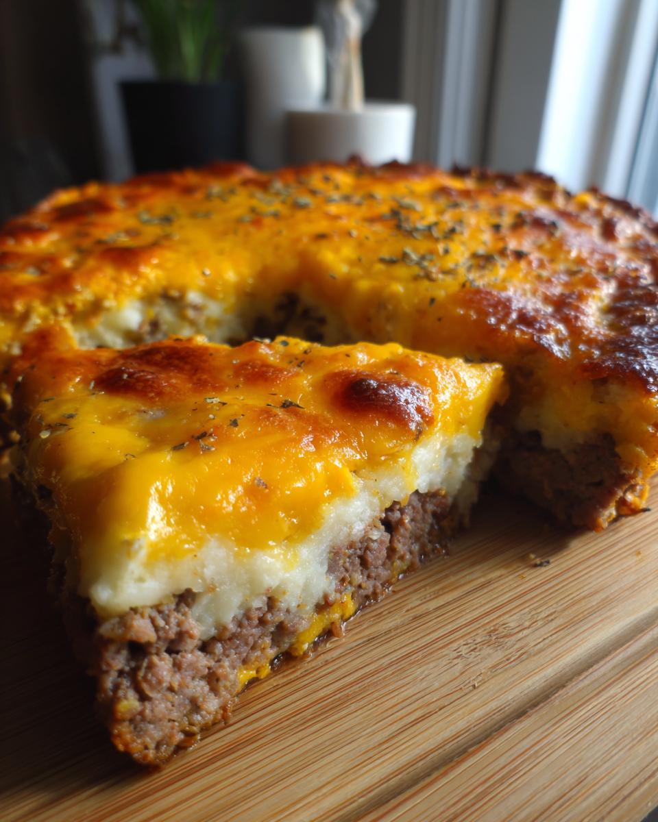 A slice cut from a round meatloaf casserole, showing layers of ground meat, mashed potato, and melted cheddar cheese.