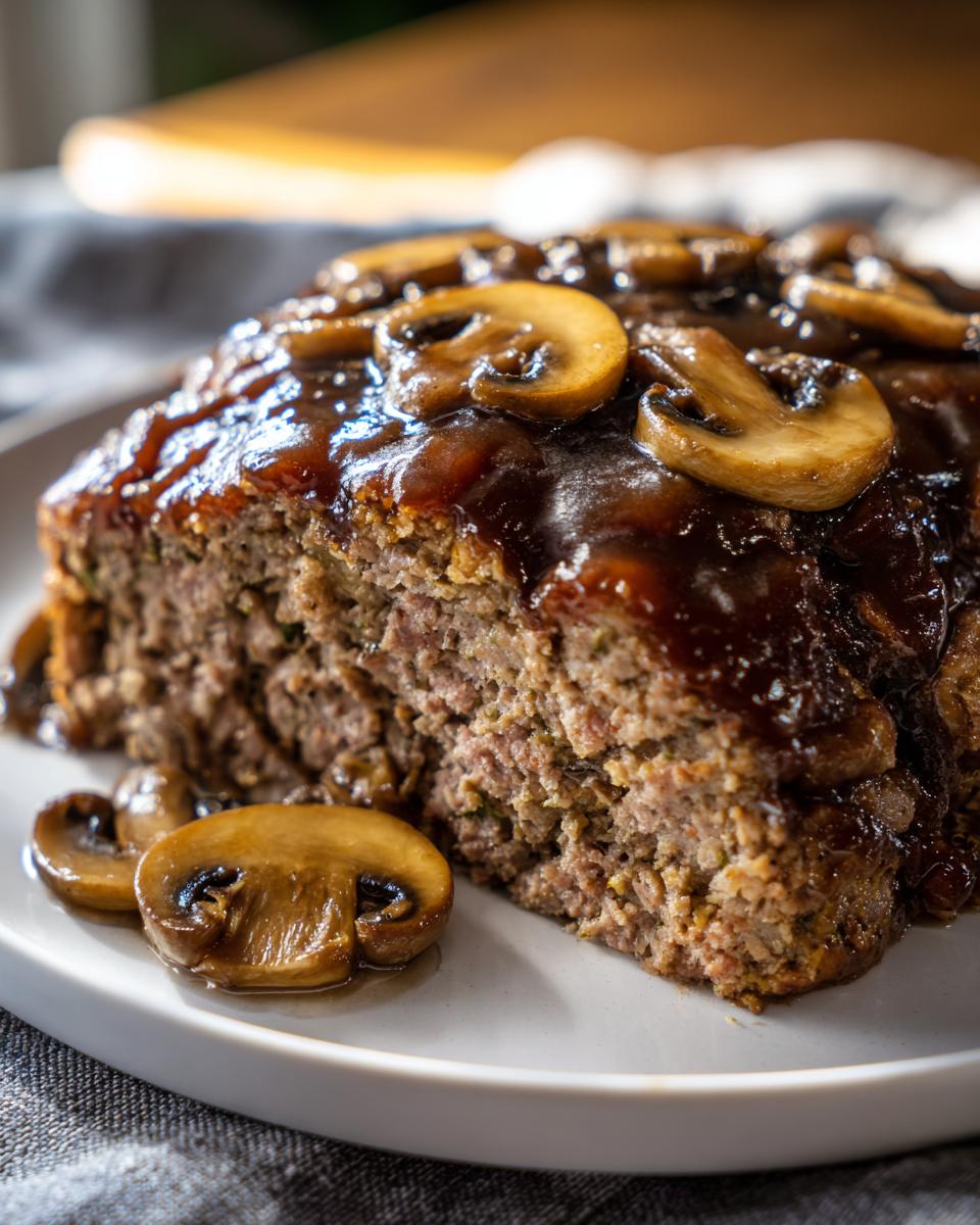 A close-up of a thick slice of moist meatloaf covered in rich mushroom gravy and topped with sliced mushrooms.