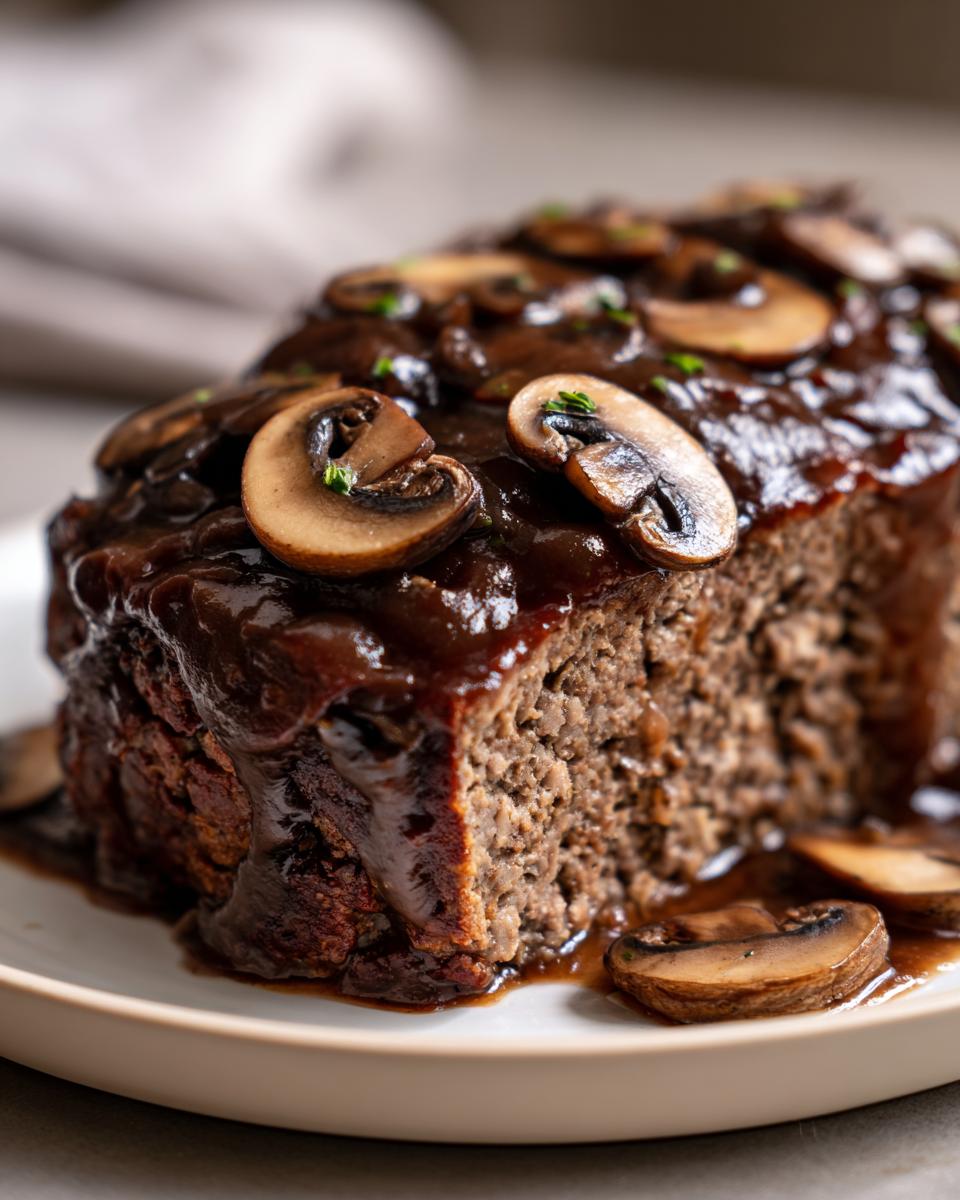Close-up of a thick slice of moist meatloaf covered in rich mushroom gravy and sliced mushrooms.