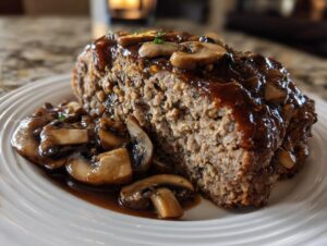 A thick slice of moist meatloaf topped with dark mushroom gravy and sliced mushrooms, served on a white plate.