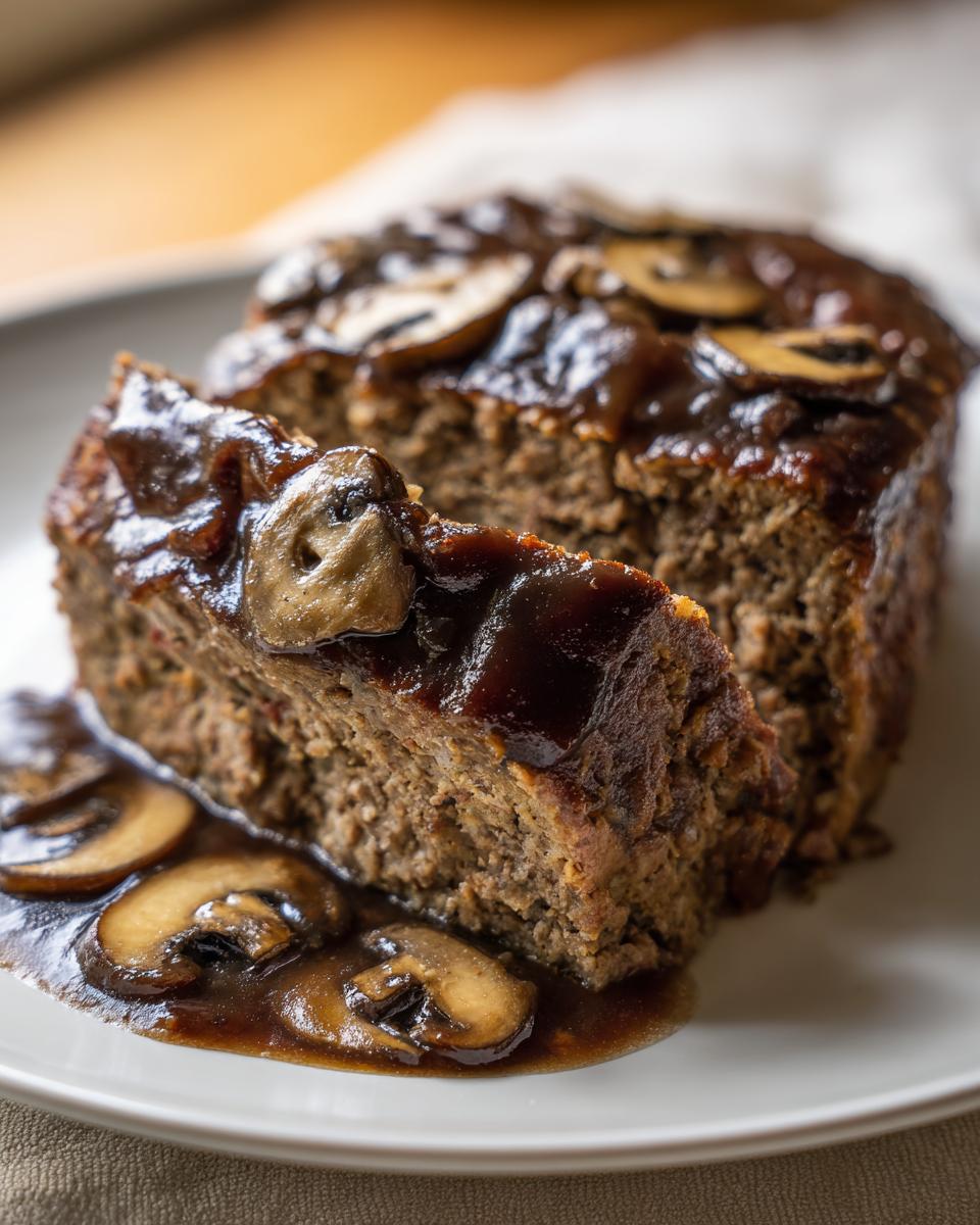 Close-up of a thick slice of moist meatloaf with mushroom gravy generously poured over it.