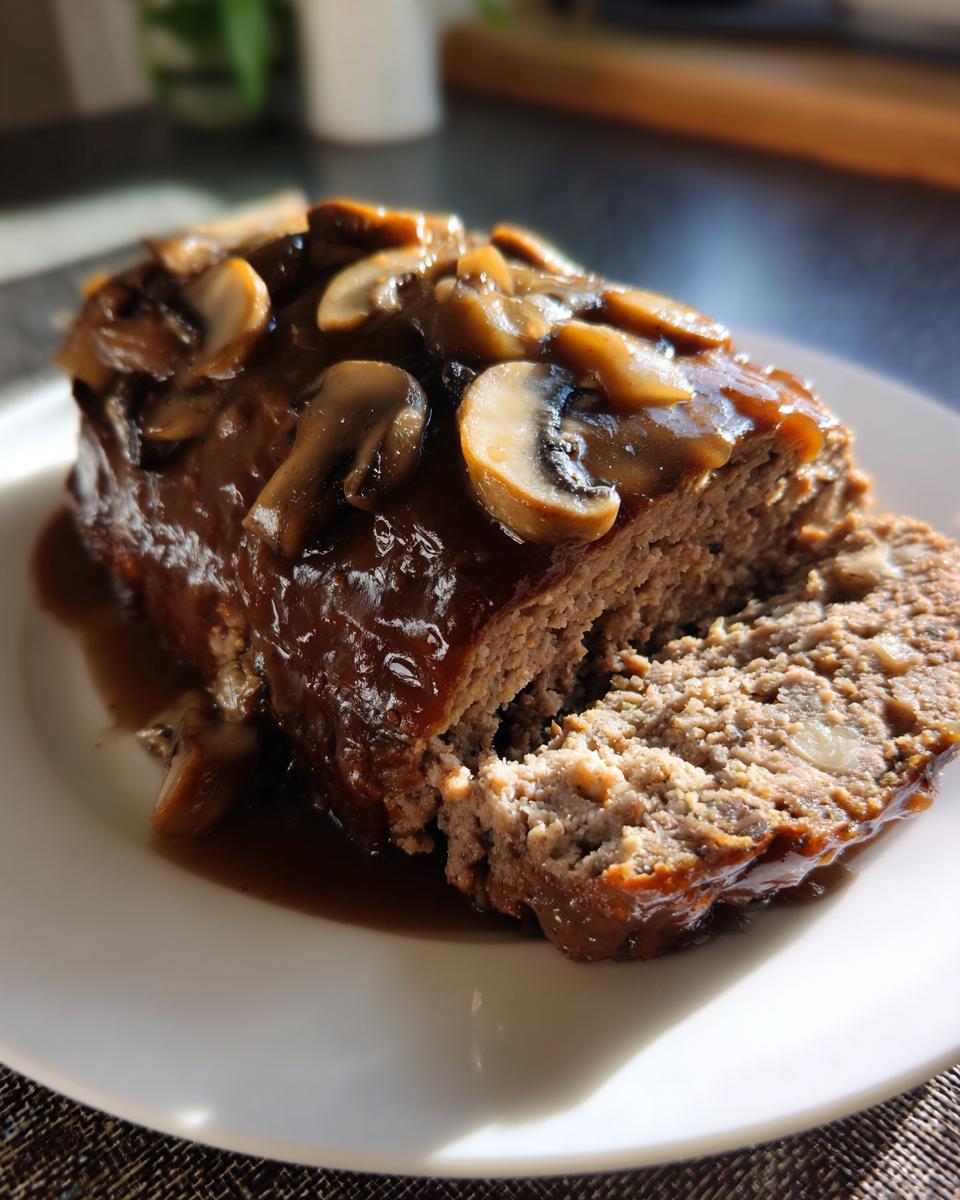 A close-up of a slice of moist meatloaf generously topped with rich mushroom gravy and sliced mushrooms, part of a meatloaf with mushroom gravy recipe.