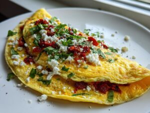 Close-up of a vibrant yellow Mexican omelette recipe folded over, generously topped with crumbled white cheese and chopped cilantro.