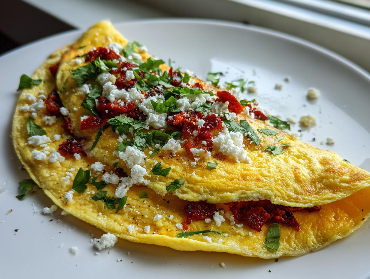 Close-up of a vibrant yellow Mexican omelette recipe folded over, generously topped with crumbled white cheese and chopped cilantro.