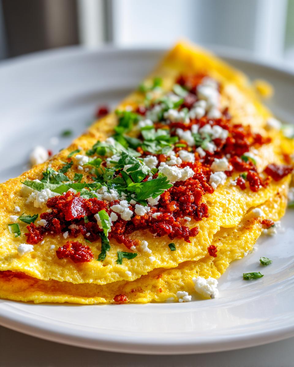 A close-up of a folded Mexican omelette recipe topped with crumbled chorizo, cotija cheese, and fresh cilantro.