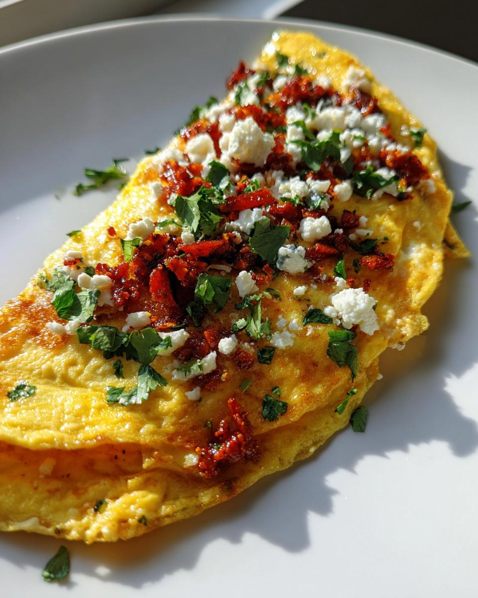 Close-up of a delicious, folded Mexican omelette recipe topped with crumbled white cheese, red peppers, and fresh cilantro.
