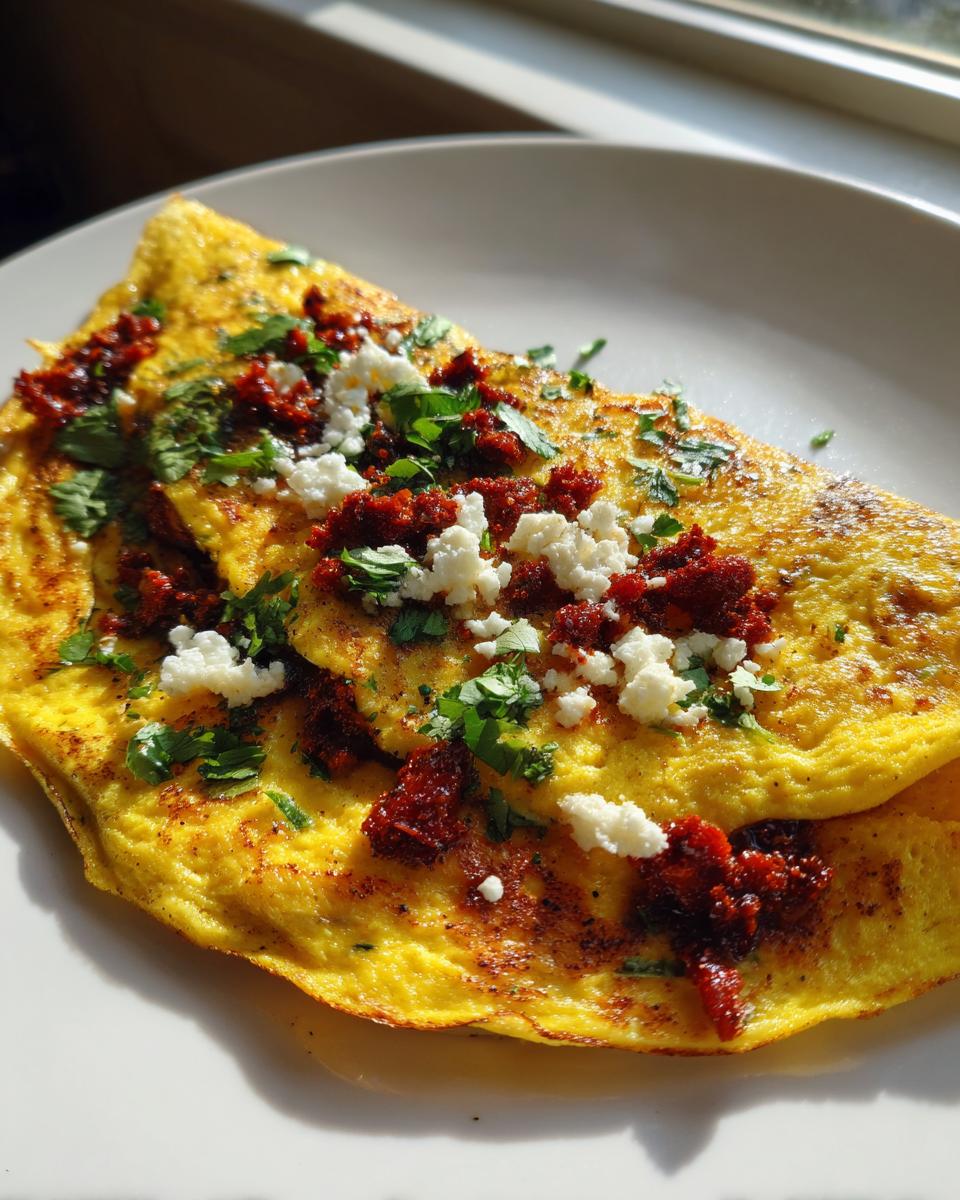 Close-up of a bright yellow mexican omelette recipe folded on a white plate, topped with chorizo or sun-dried tomato bits, crumbled white cheese, and fresh cilantro.