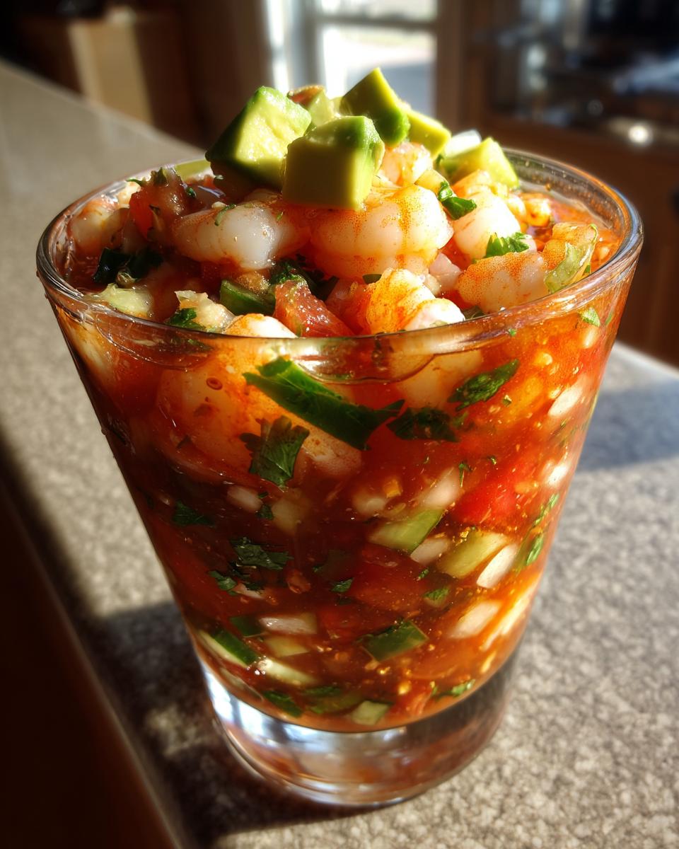 Close-up of a glass filled with vibrant Mexican shrimp cocktail, topped with diced avocado.