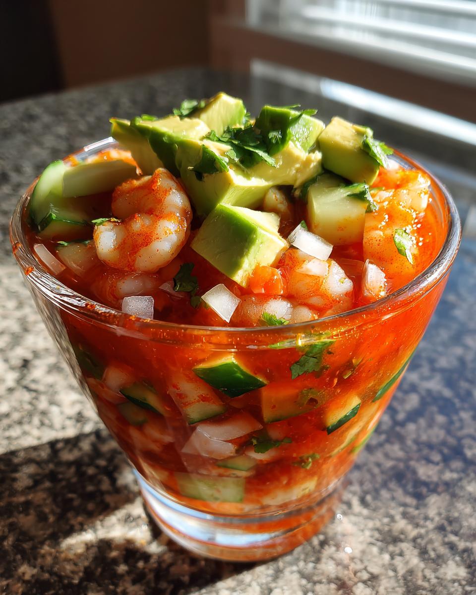 Close-up of a glass filled with vibrant Mexican shrimp cocktail, topped with avocado chunks and cilantro.