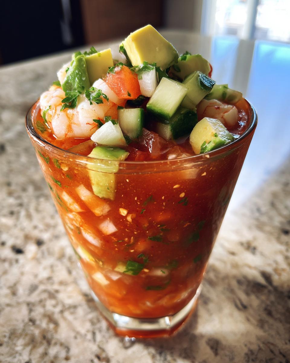 Close-up of a glass filled with vibrant mexican shrimp cocktail, topped with avocado and cucumber chunks.