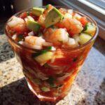 Close-up of a glass filled with vibrant mexican shrimp cocktail, featuring shrimp, avocado, cucumber, and onion in tomato juice.