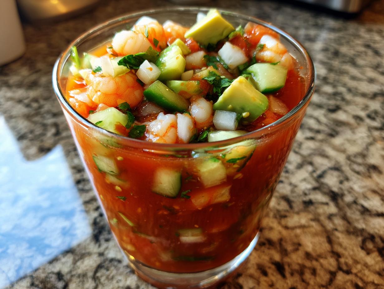 Close-up of a glass filled with vibrant mexican shrimp cocktail, topped with shrimp, avocado, and onion.