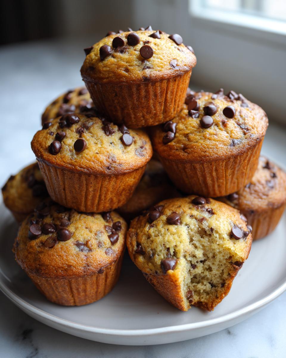 A stack of moist mini banana chocolate chip muffins, one with a bite taken out, on a light gray plate.