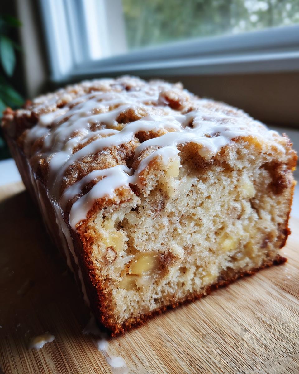 Close-up of a freshly baked apple fritter bread loaf showing chunks of apple inside and drizzled with white vanilla icing.