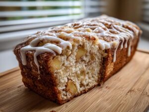 A loaf of homemade apple fritter bread with a slice cut out, showing apple chunks and topped with a white vanilla glaze.