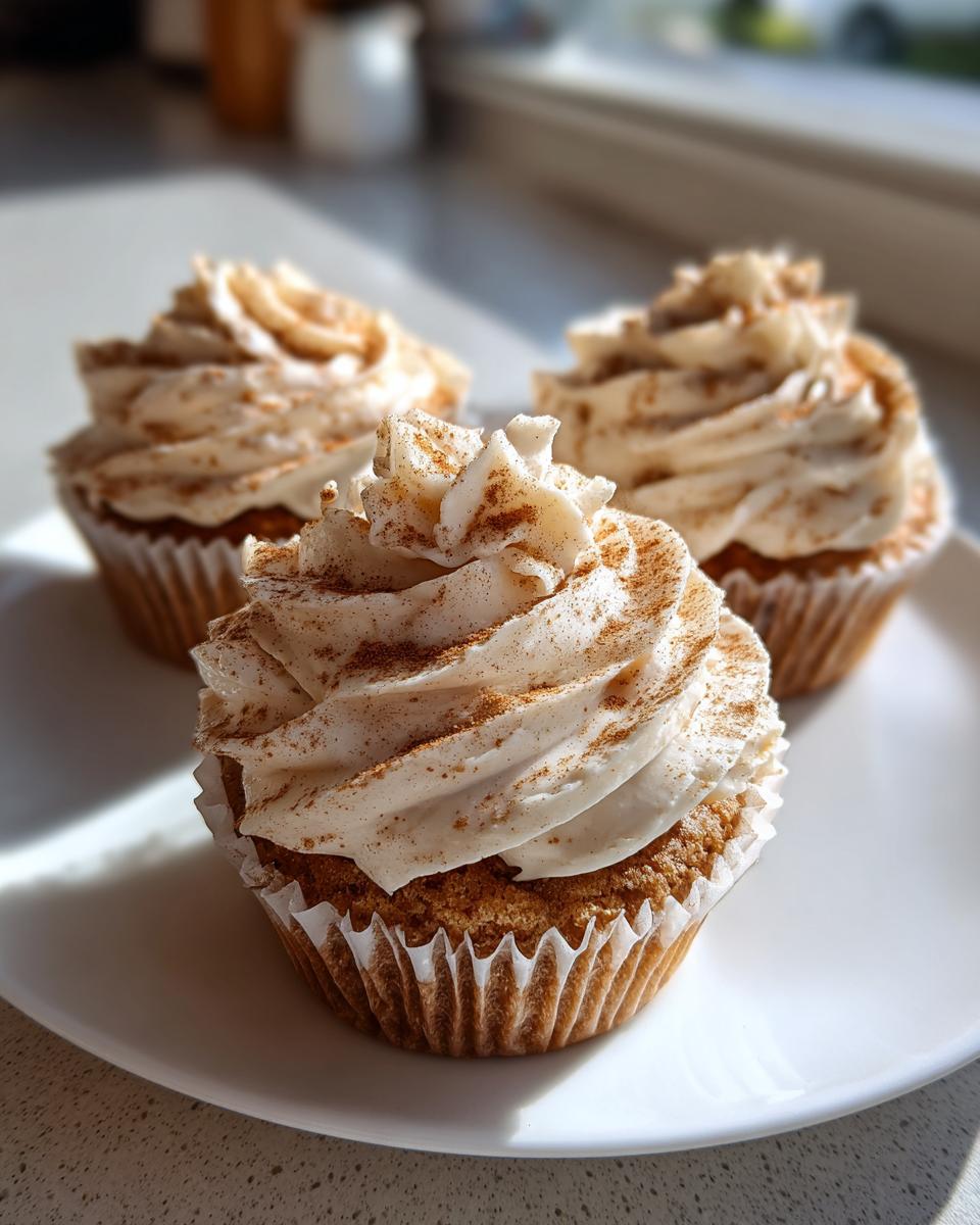 Three moist banana cupcakes with swirled cream cheese frosting dusted generously with cinnamon.