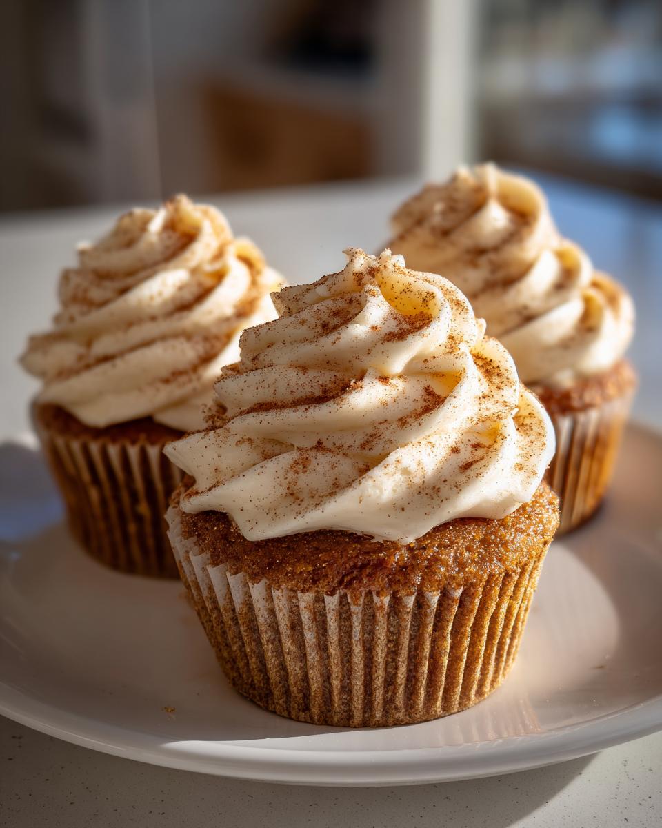 Three moist banana cupcakes topped with swirls of cream cheese frosting dusted with cinnamon.