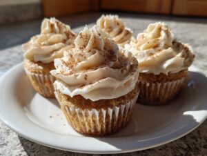 Four moist banana cupcakes topped with swirled cream cheese frosting and a dusting of cinnamon.