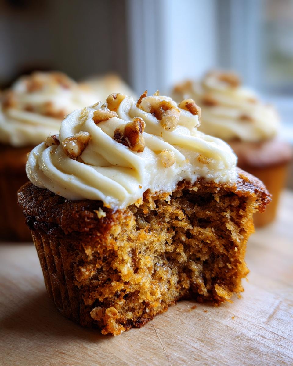 Close-up of a banana walnut cupcakes with a bite taken out, showing moist crumb and cream cheese frosting topped with walnuts.