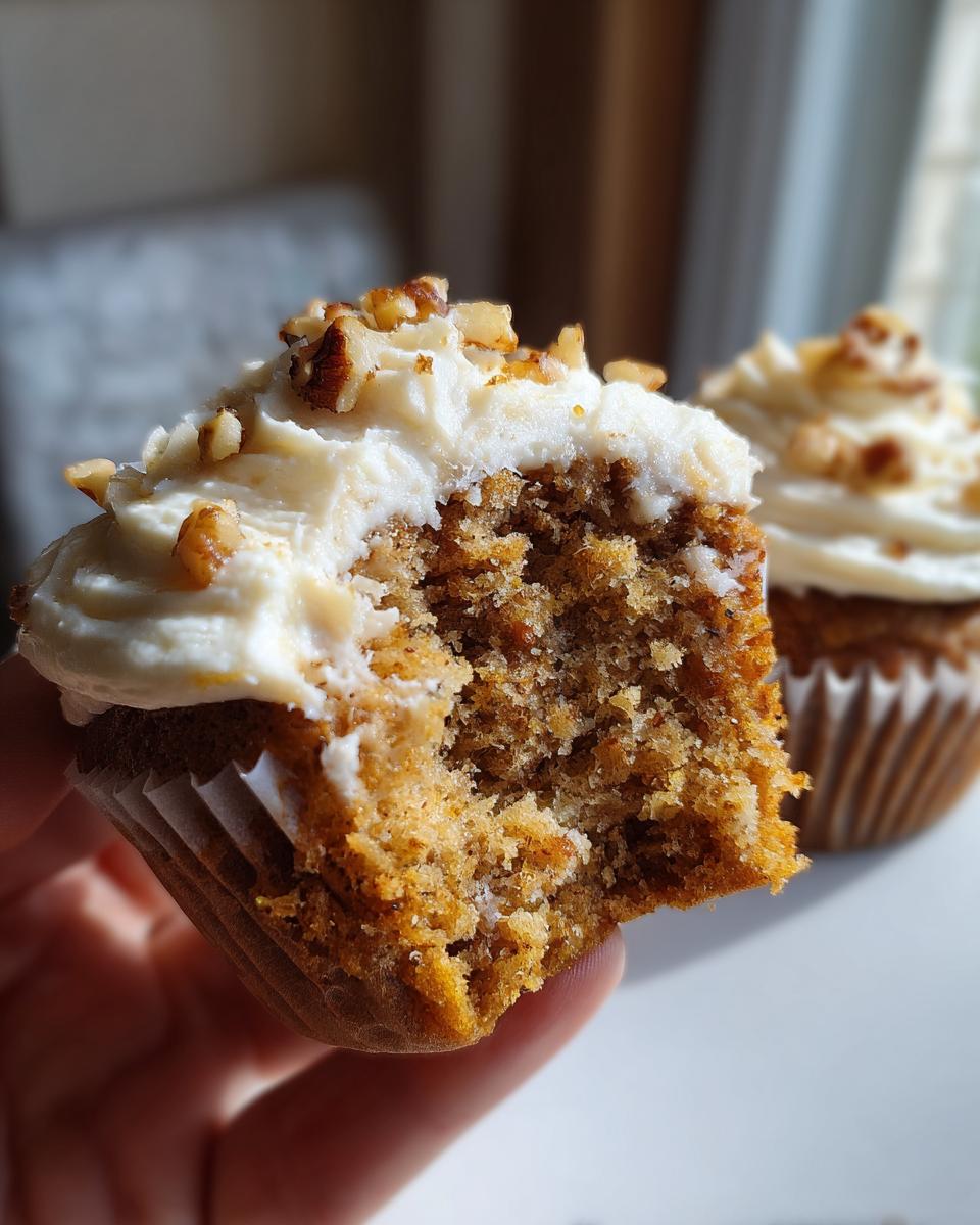 Close-up of a bitten banana walnut cupcakes showing the moist crumb and cream cheese frosting topped with chopped walnuts.