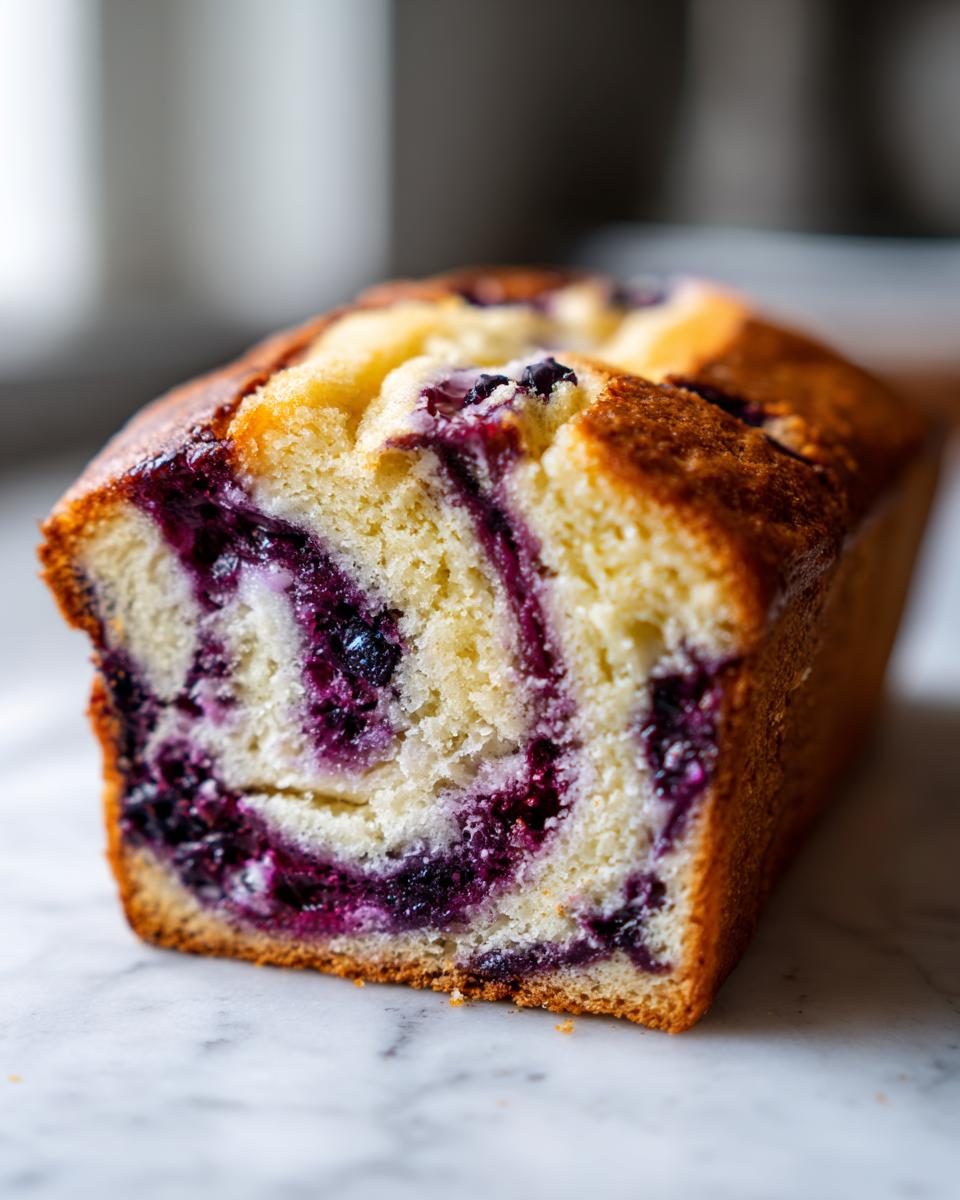 Close-up of a moist blueberry bread loaf showing swirls of purple blueberries baked into the golden crumb.