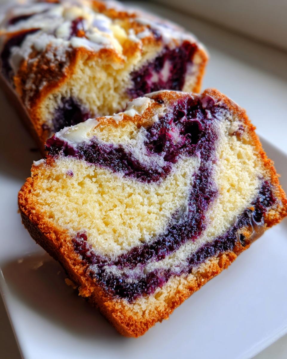 Close-up of a moist slice of blueberry bread showing a swirl of purple blueberries in the yellow cake, topped with white glaze.