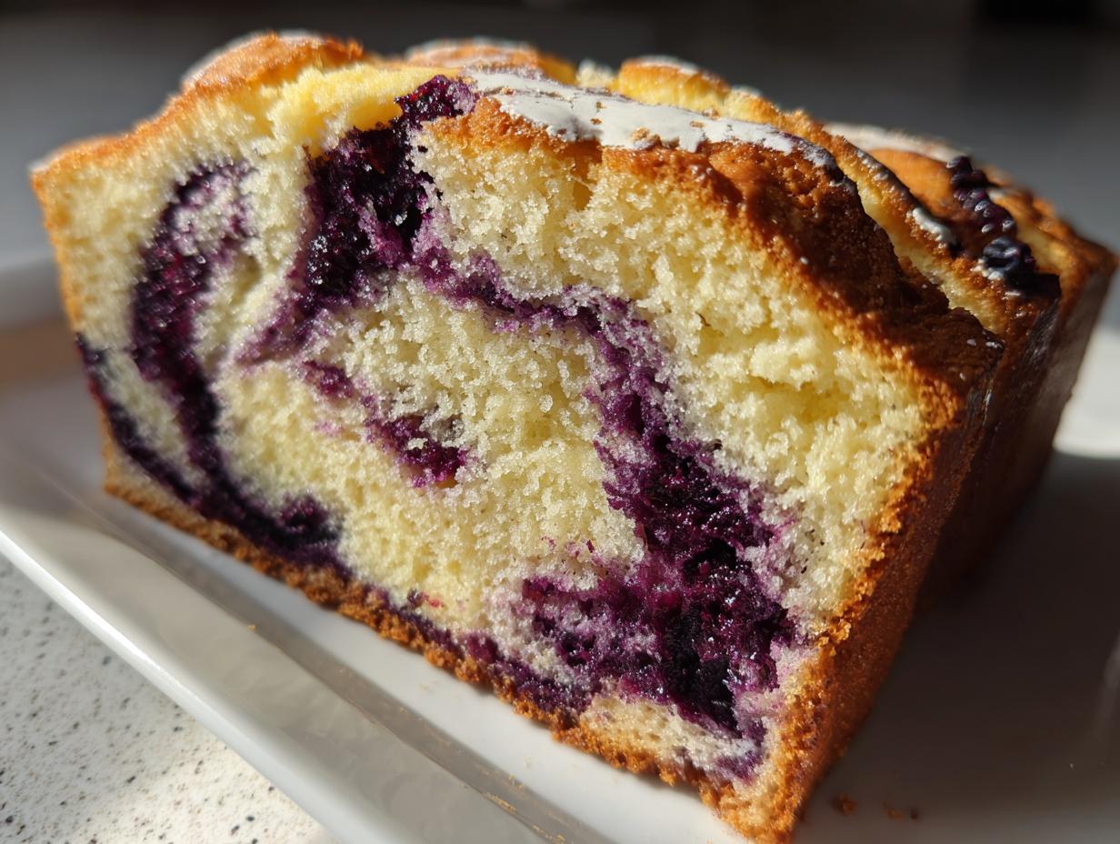 Close-up of a moist slice of blueberry bread showing a beautiful swirl pattern of purple blueberries in the yellow cake.