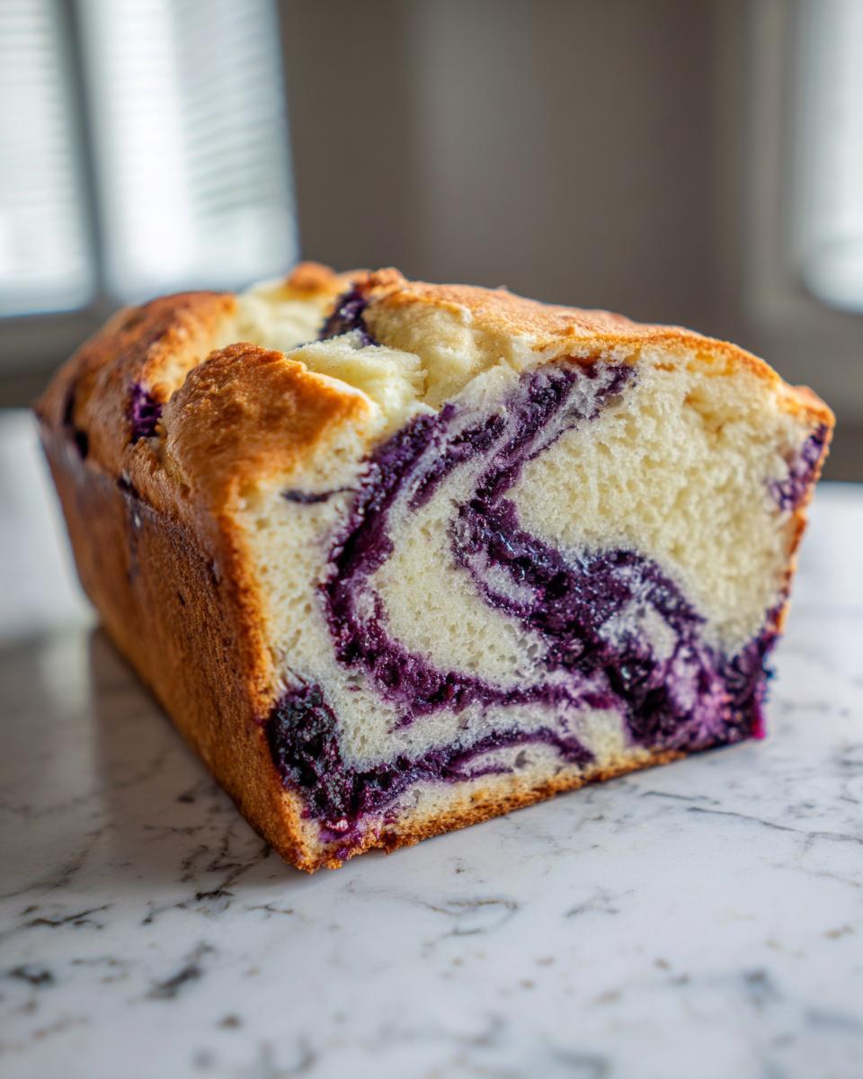 Close-up of a moist blueberry bread loaf showing a beautiful swirl of purple blueberries in the light yellow crumb.