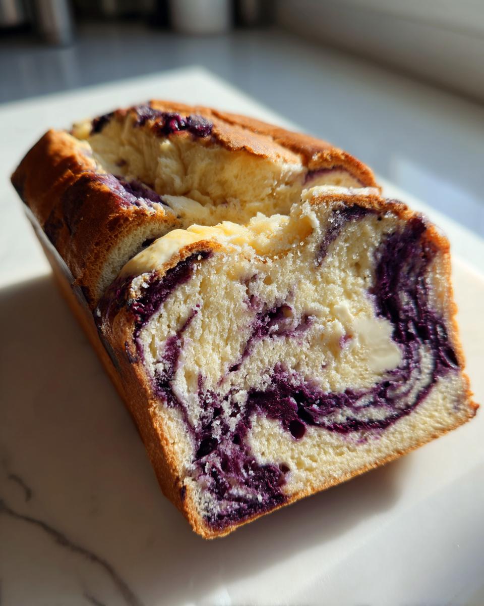 Close-up of a sliced moist blueberry bread loaf showing a beautiful purple swirl pattern inside the golden crumb.
