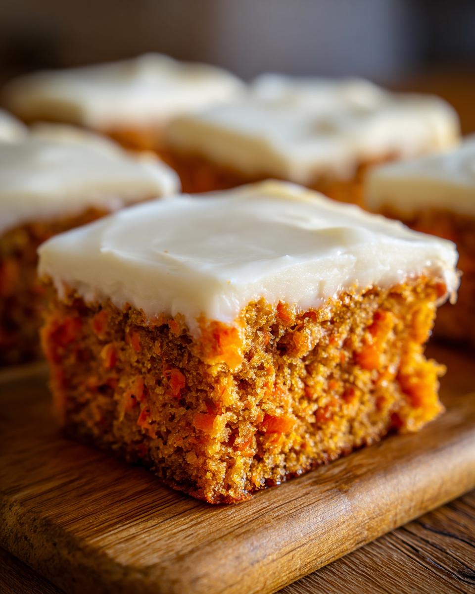 A close-up of one moist square of carrot cake bars topped with thick cream cheese frosting.