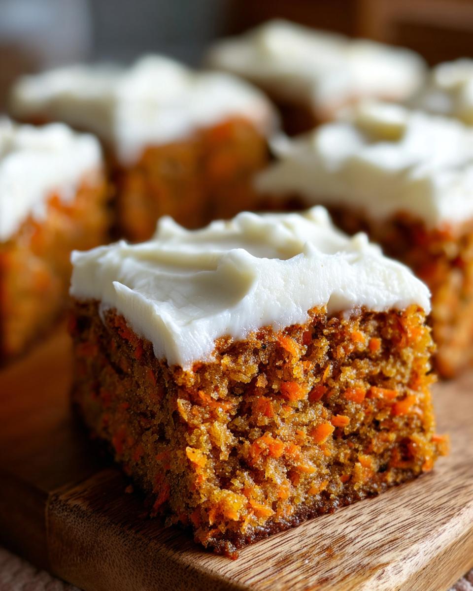 A close-up of a moist, square slice of carrot cake bars topped with thick cream cheese frosting.