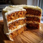 A tall, three-layer carrot cake layer cake with thick cream cheese frosting, shown with a slice cut out.