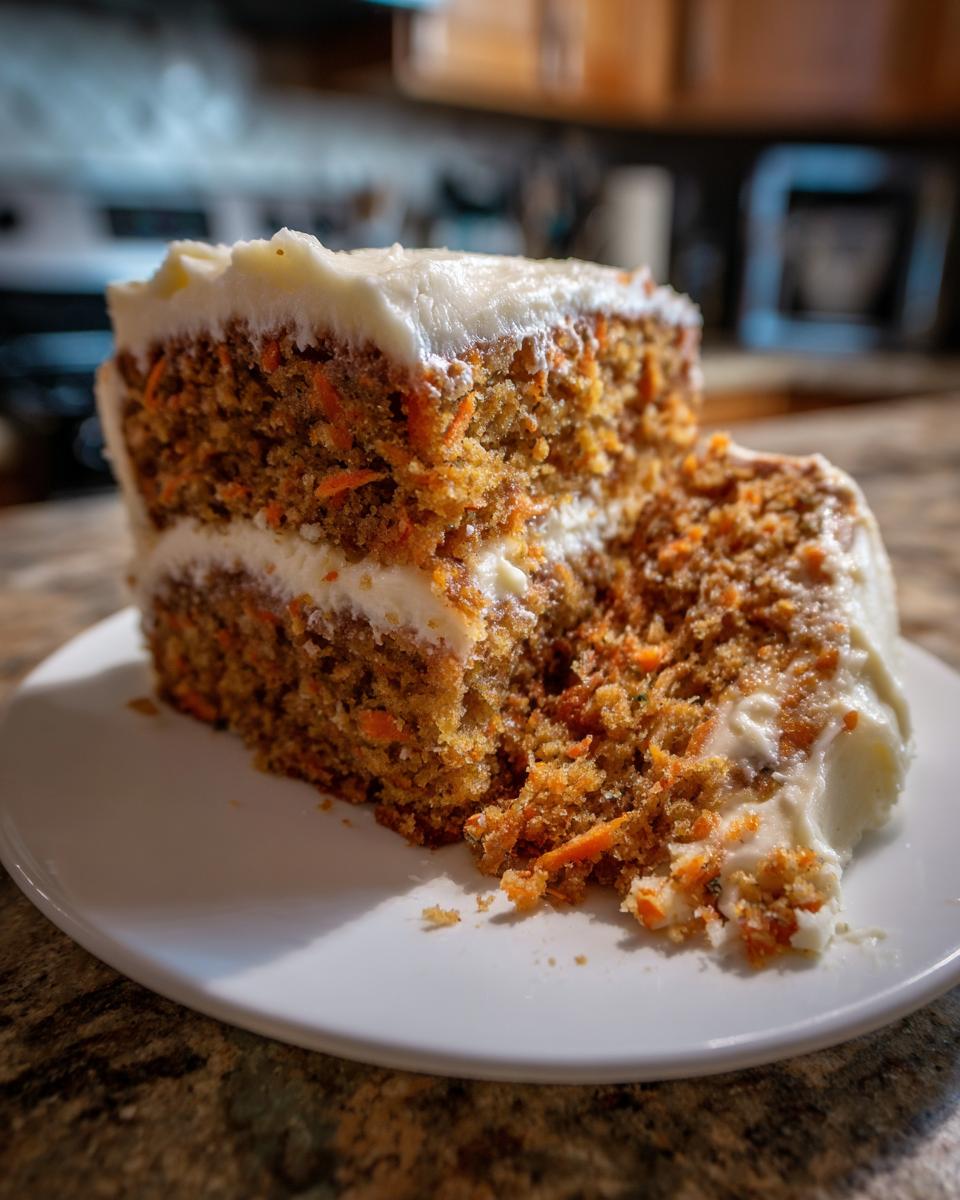 Close-up of a moist slice of carrot cake with thick cream cheese frosting layers.