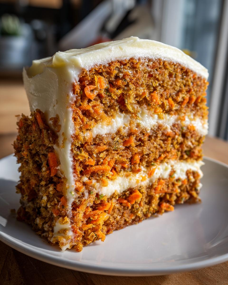 A thick slice of moist carrot cake showing visible shredded carrots, layered with cream cheese frosting.