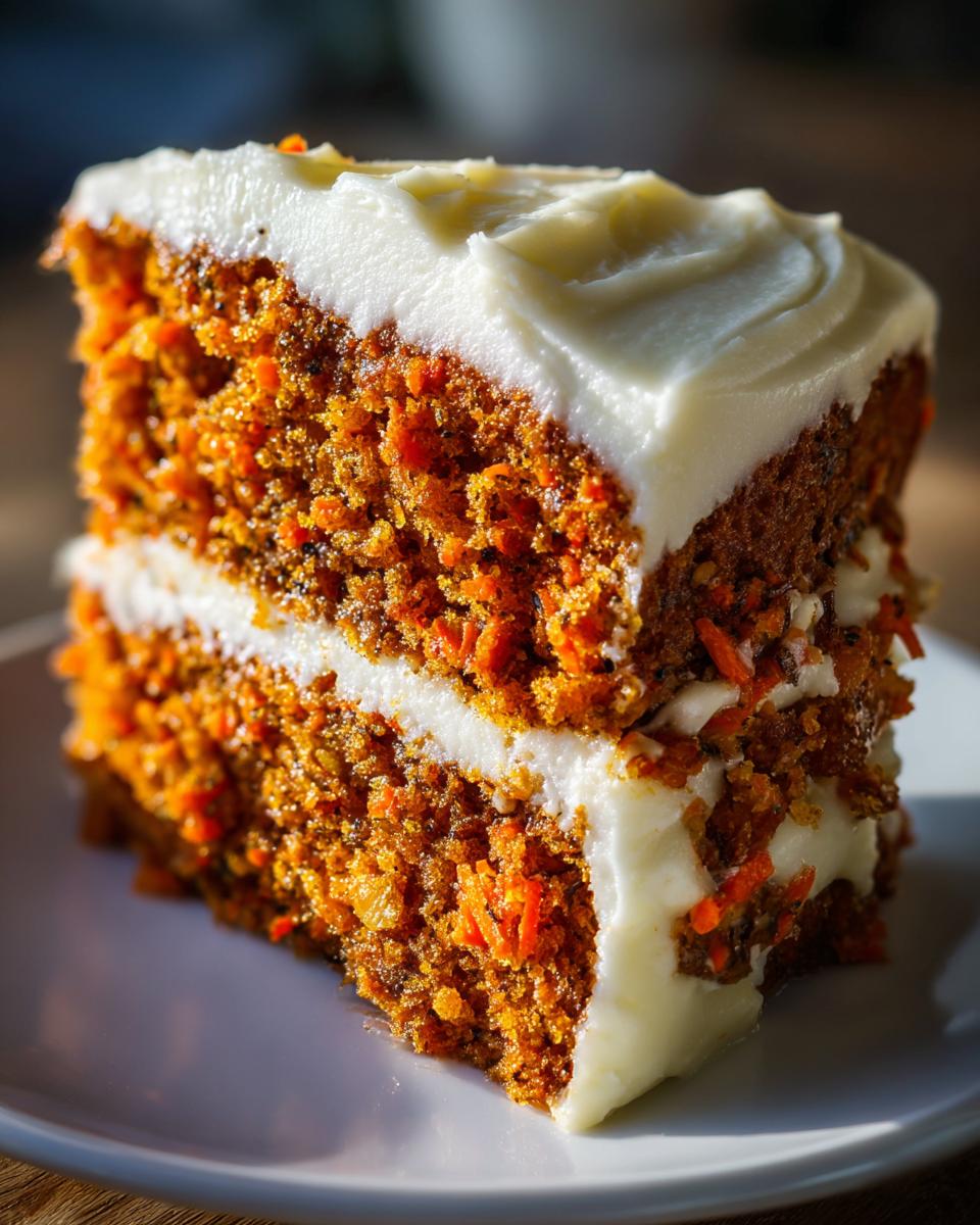 Close-up of a thick, moist slice of carrot cake layered with cream cheese frosting.