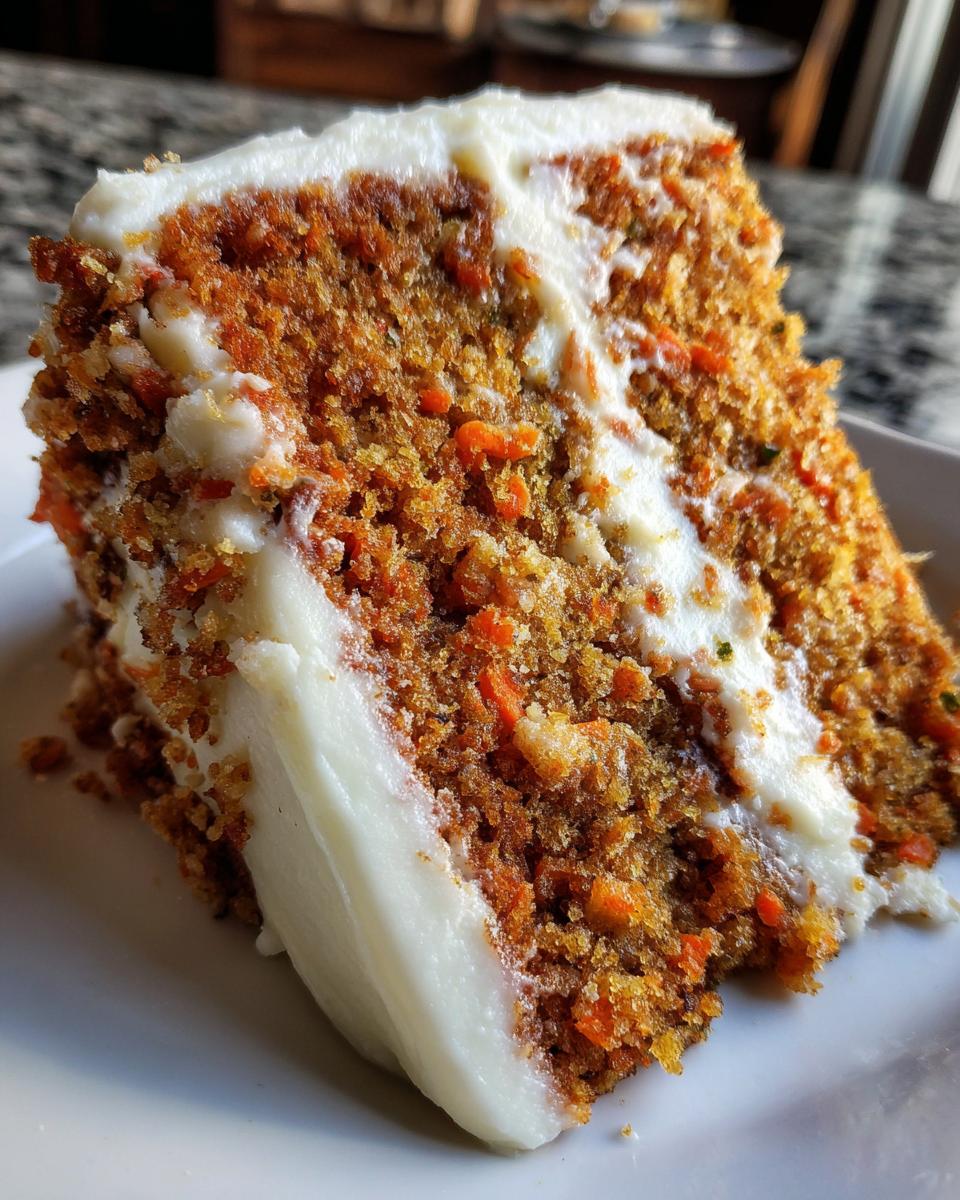 Close-up of a thick slice of moist carrot cake layered and covered in rich cream cheese frosting.