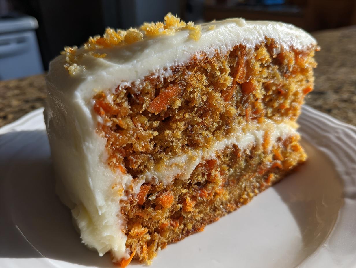 Close-up of a moist slice of carrot cake layered with cream cheese frosting and topped with crumbs.