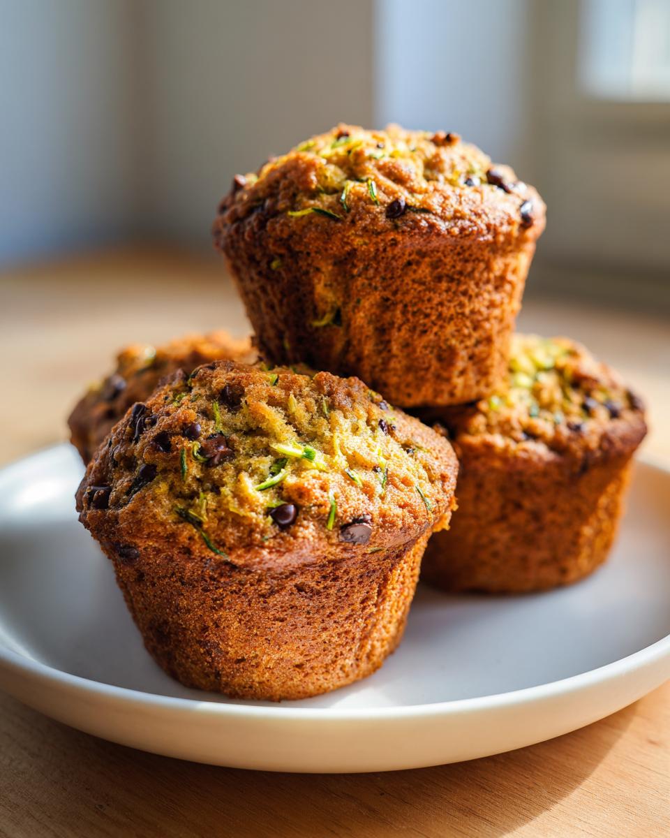 A stack of four golden brown chocolate chip zucchini muffins on a white plate.