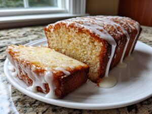 A slice cut from a loaf of rich cream cheese pound cake drizzled heavily with white vanilla glaze.
