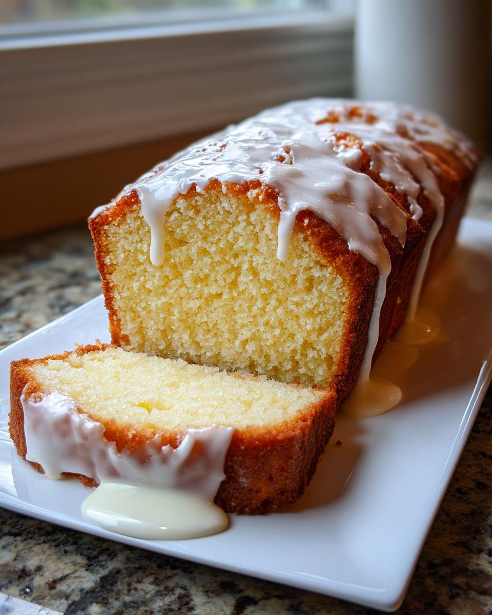 A slice cut from a loaf of moist cream cheese pound cake topped with dripping vanilla glaze.