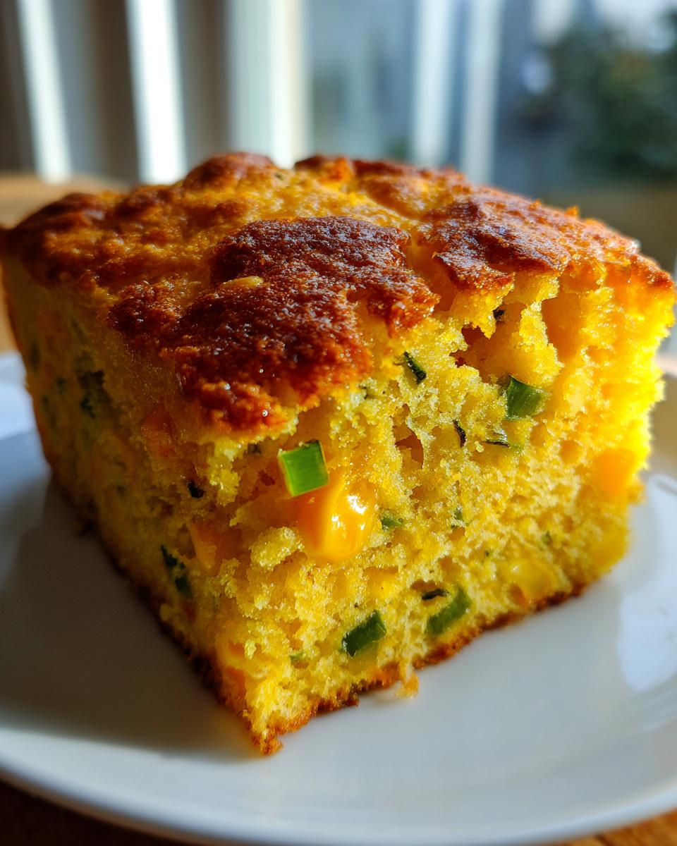 Close-up of a moist slice of Mexican cornbread showing yellow crumb, melted cheese, and green jalapeño pieces.