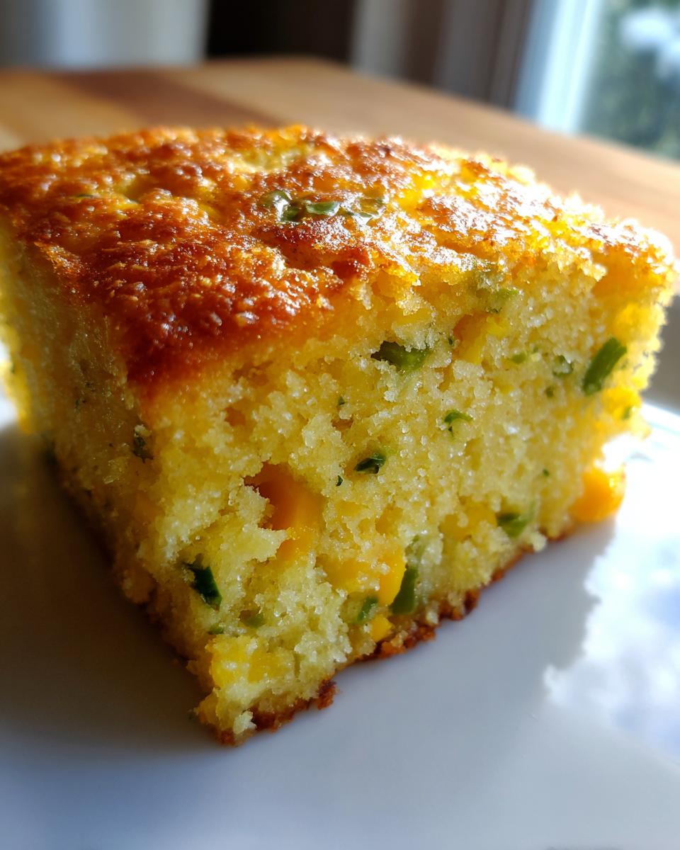 Close-up of a moist, golden slice of Mexican cornbread studded with corn kernels and green jalapeño pieces.