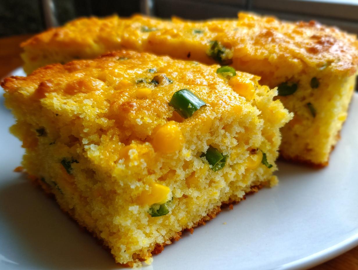 Close-up of a moist slice of Mexican cornbread showing corn kernels and green onion pieces throughout the crumb.