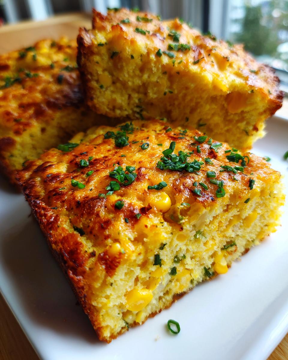 Close-up of three moist slices of Mexican cornbread, studded with corn kernels and topped with fresh green chives.