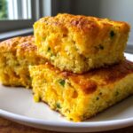 Three squares of moist Mexican cornbread stacked on a white plate, showing melted cheddar cheese and green chives.