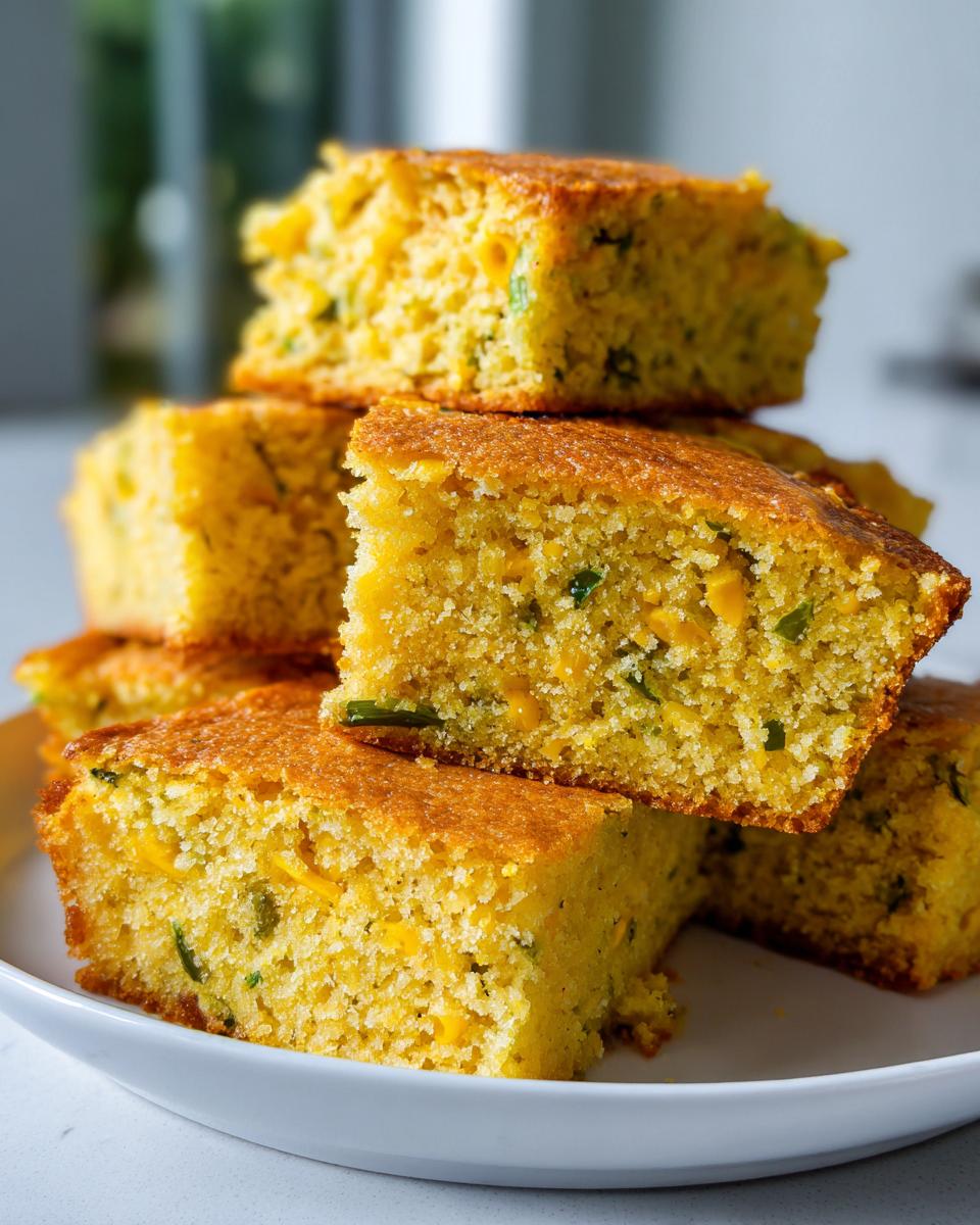 Close-up of stacked, moist Mexican cornbread squares showing corn kernels and green chiles throughout the crumb.