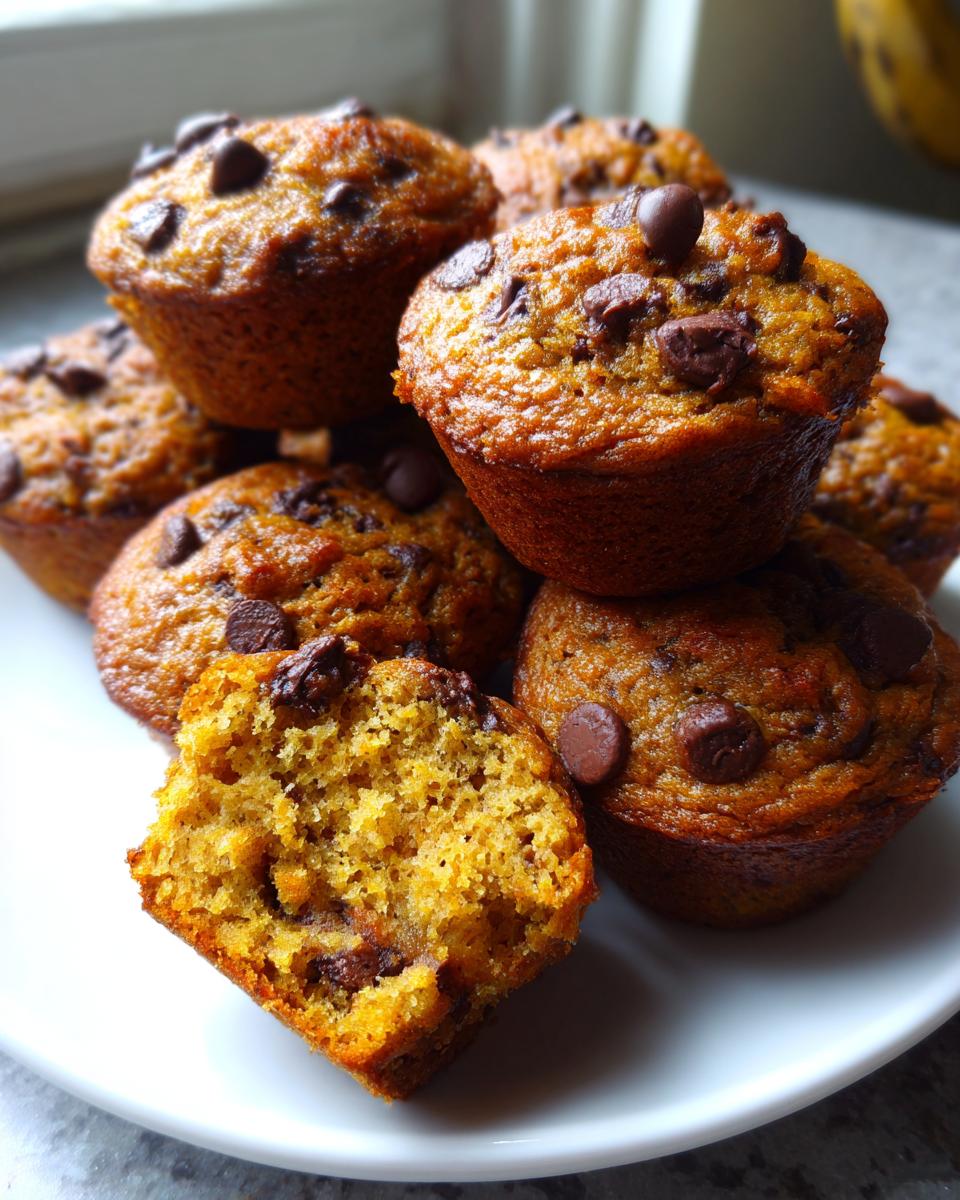 A stack of moist mini banana chocolate chip muffins, one cut in half showing the soft interior and chocolate chips.